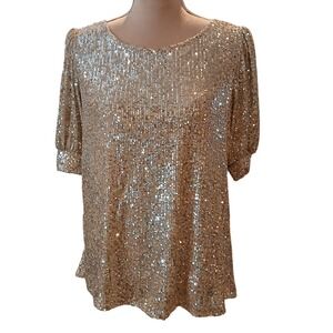 Cable & Gauge Gold Sequin Short Puff Sleeve Blouse Top Medium New Modest Formal